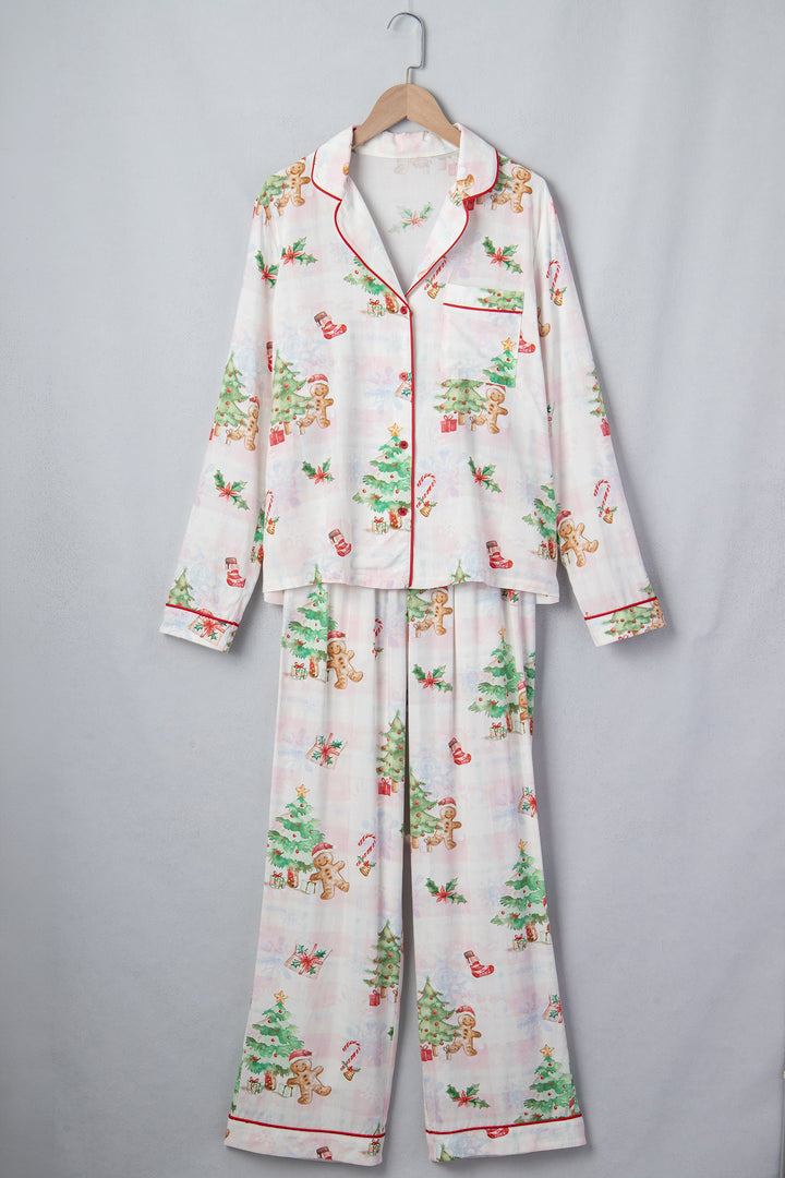 Pink Plaid Snowflake Christmas Gingerbread Man Print Long 2pcs Lounge Set