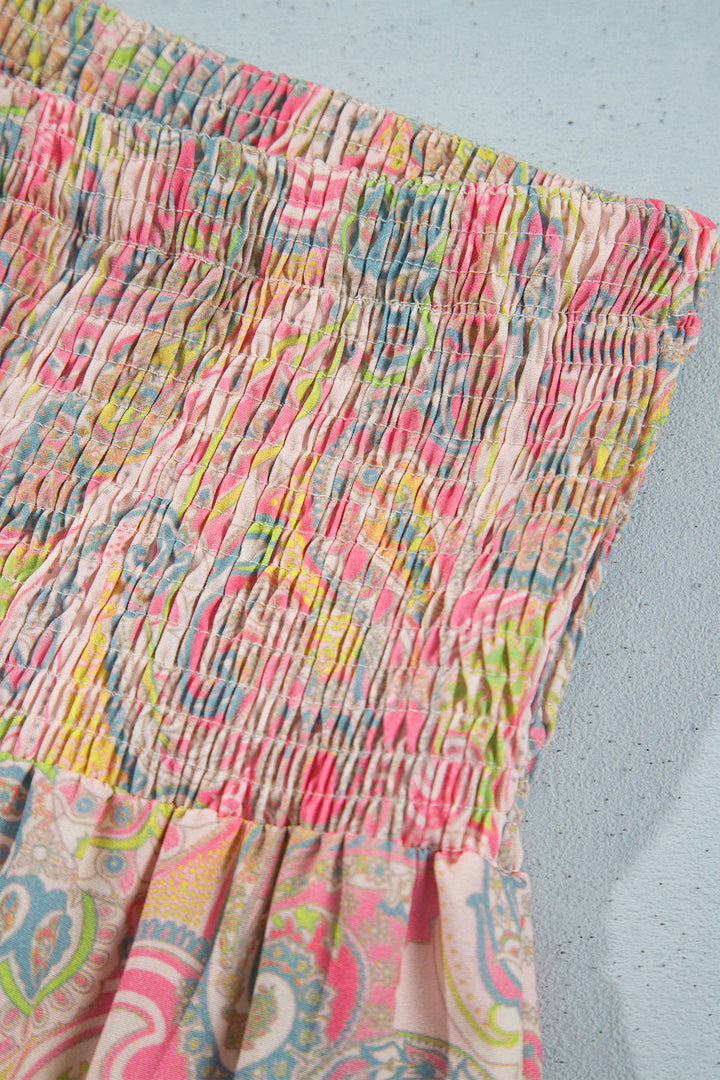 Gossamer Pink Boho Vintage Paisley Print Tiered Long Skirt