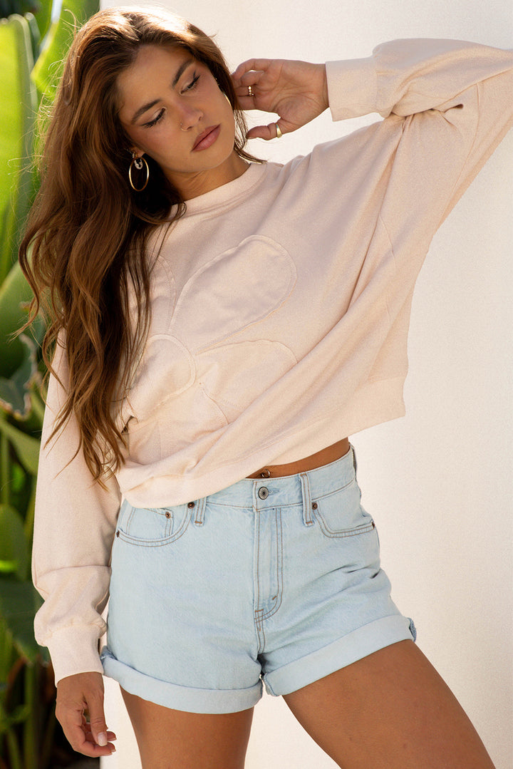Raw Edge Flower Patch Drop Shoulder Casual Top