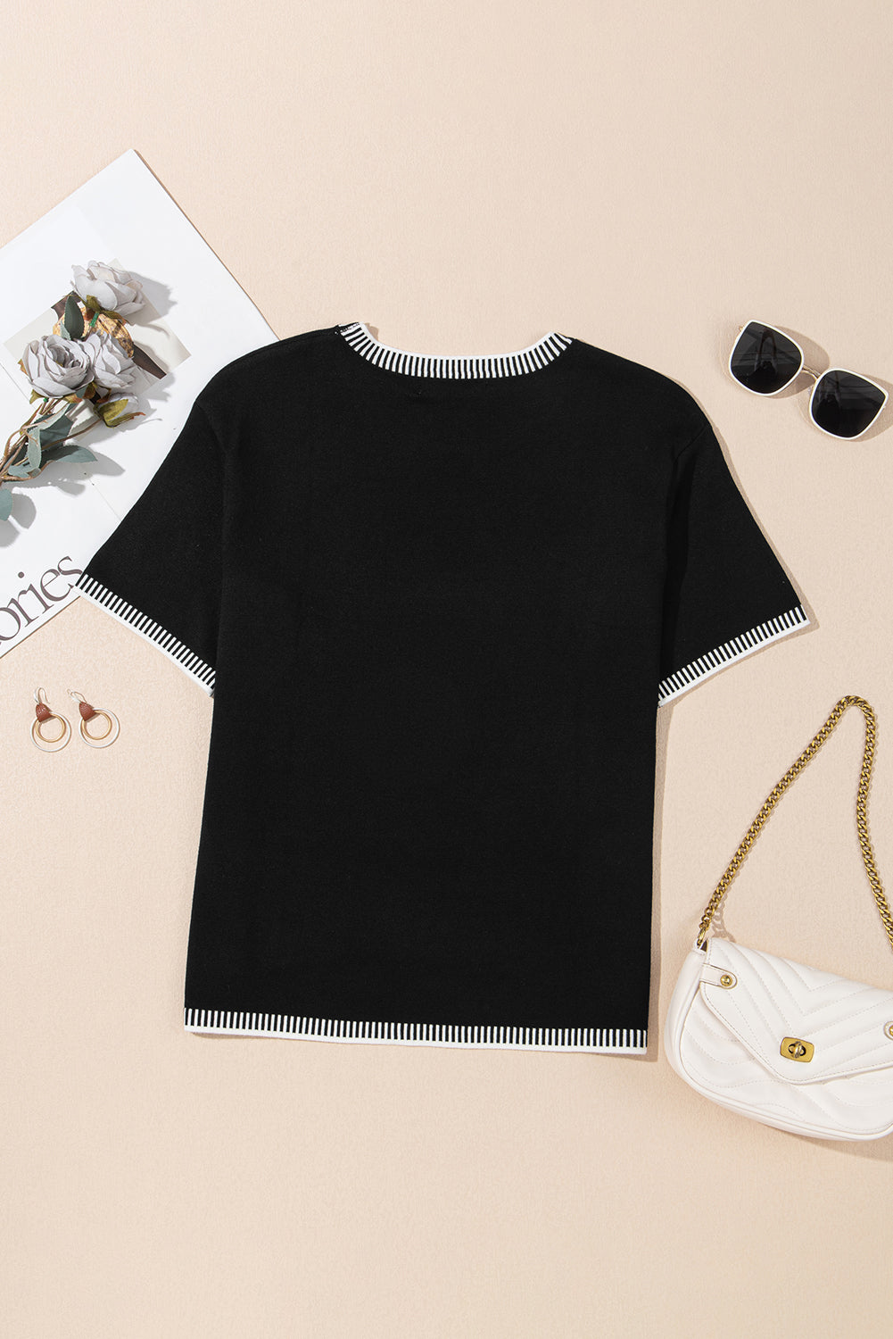 Black Contrast Striped Trim Round Neck Half Sleeve Sweater