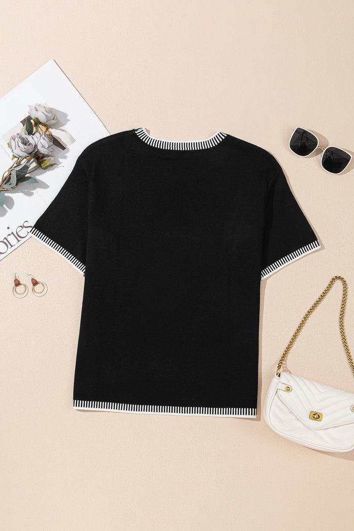 Black Contrast Striped Trim Round Neck Half Sleeve Sweater
