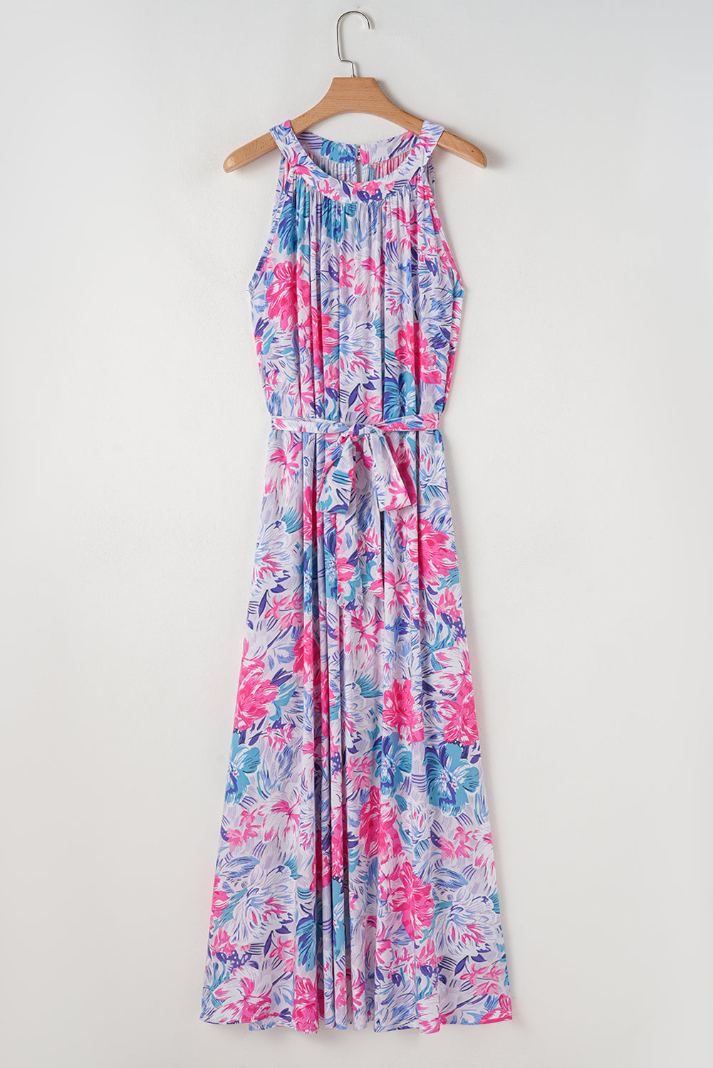 Floral Printed Sleeveless O Neck Knot Waist Maxi Dress