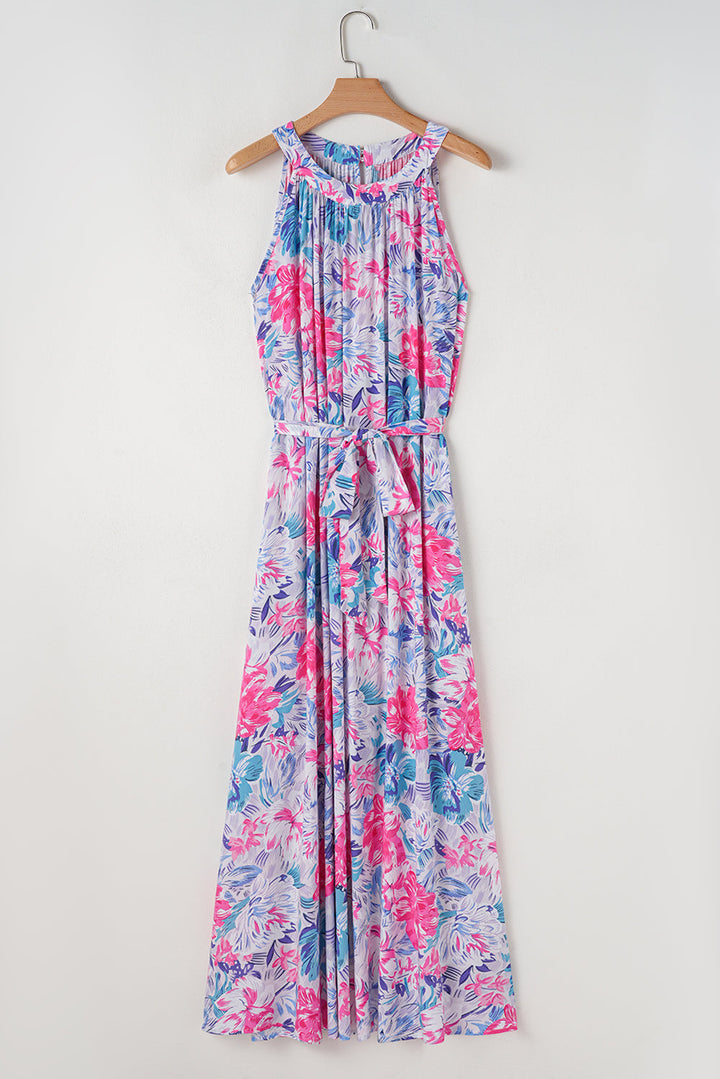 Floral Printed Sleeveless O Neck Knot Waist Maxi Dress