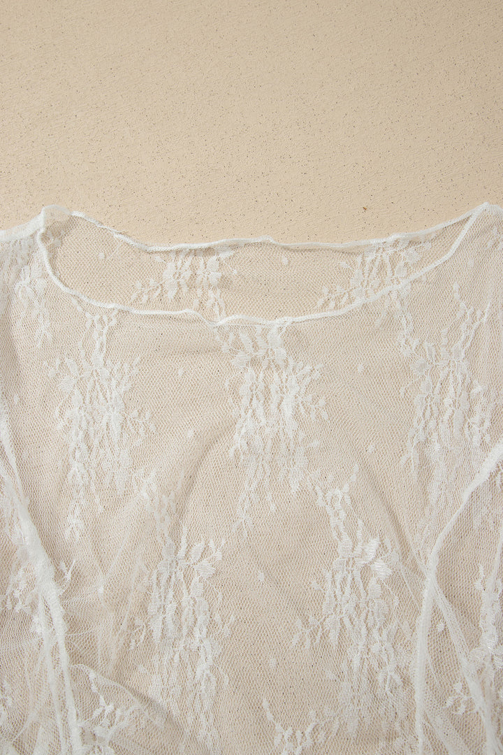 White Exposed Seam Ruched Sheer Floral Mesh Top
