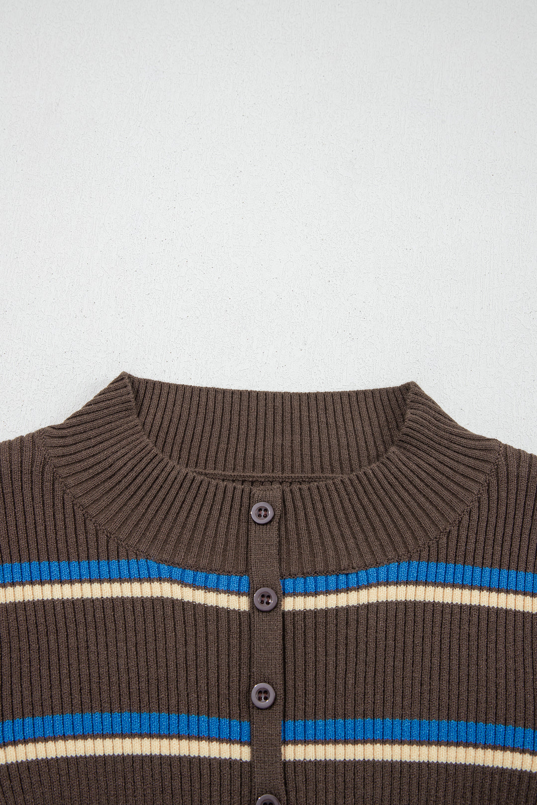 Chicory Coffee Ribbed Knit Contrast Cuff Henley Button Sweater