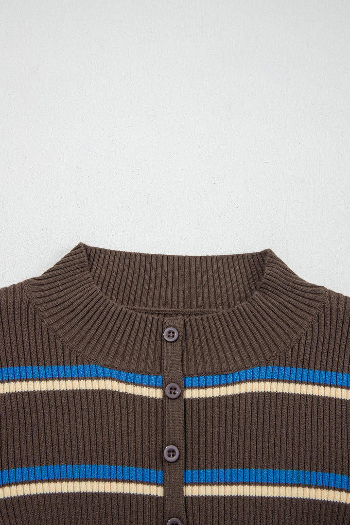 Chicory Coffee Ribbed Knit Contrast Cuff Henley Button Sweater