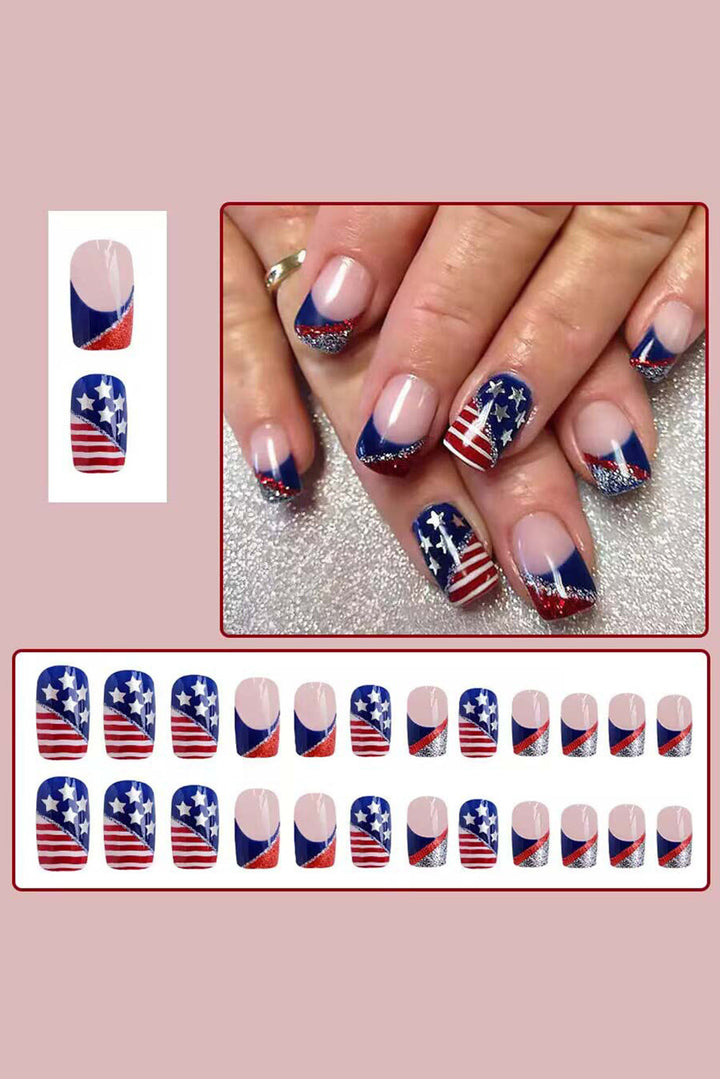 American Flag Shiny Square False Nails