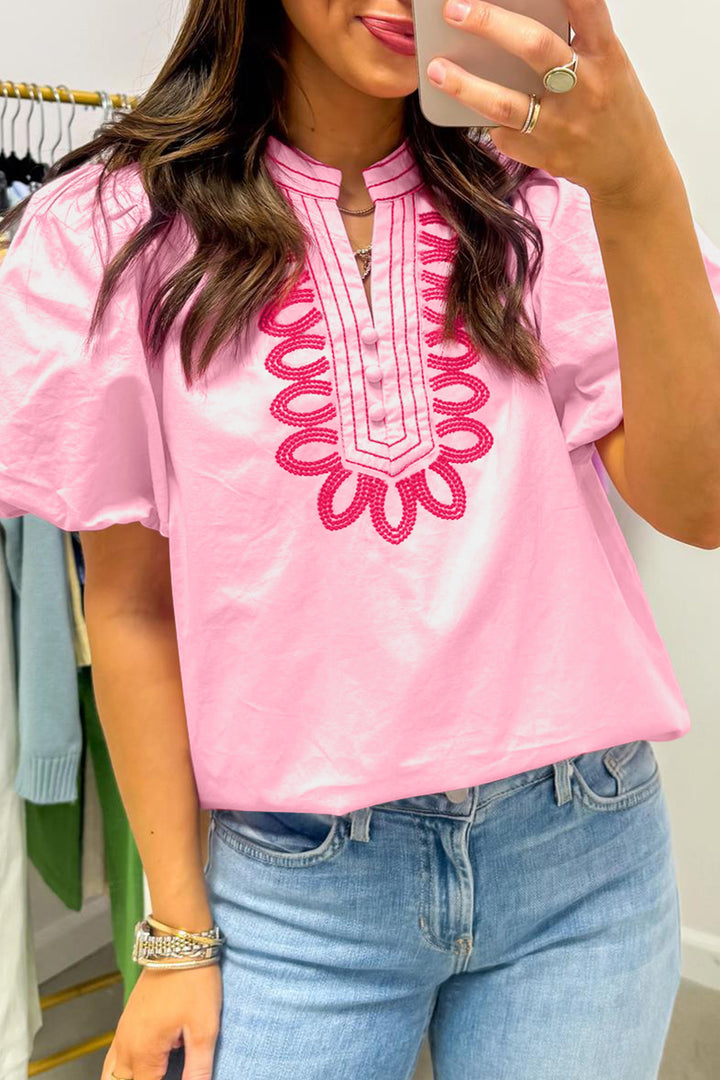 Cute Pink Boho Embroidered Detail Puff Sleeve Cotton Blouse