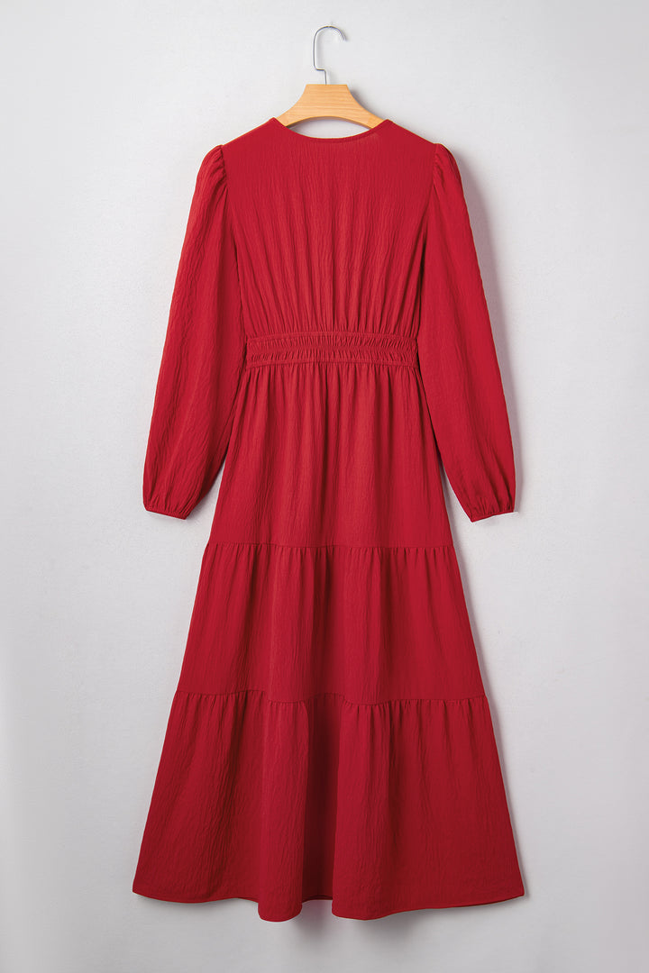 Contrast Embroidered Detail Cinched Waist Tiered Long Sleeve Maxi Dress