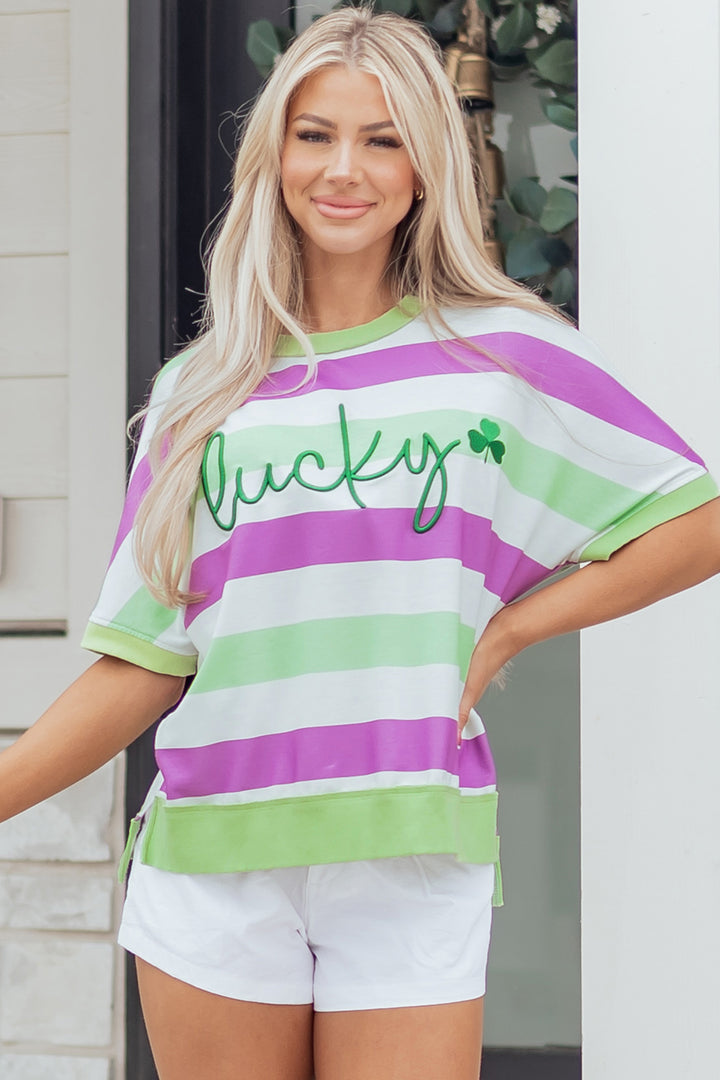 Lucky Clover Embroidered Graphic Dolman Loose Tee