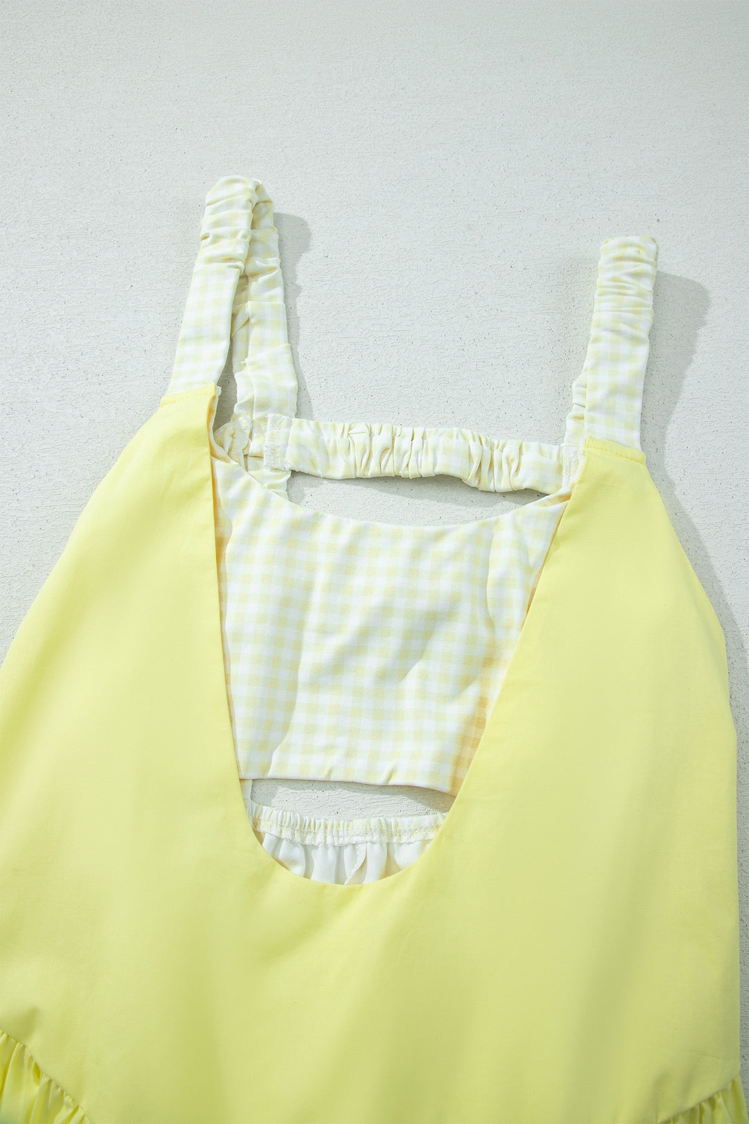 Cute Yellow Cream Faux Two Piece Gingham Contrast Loose Mini Dress