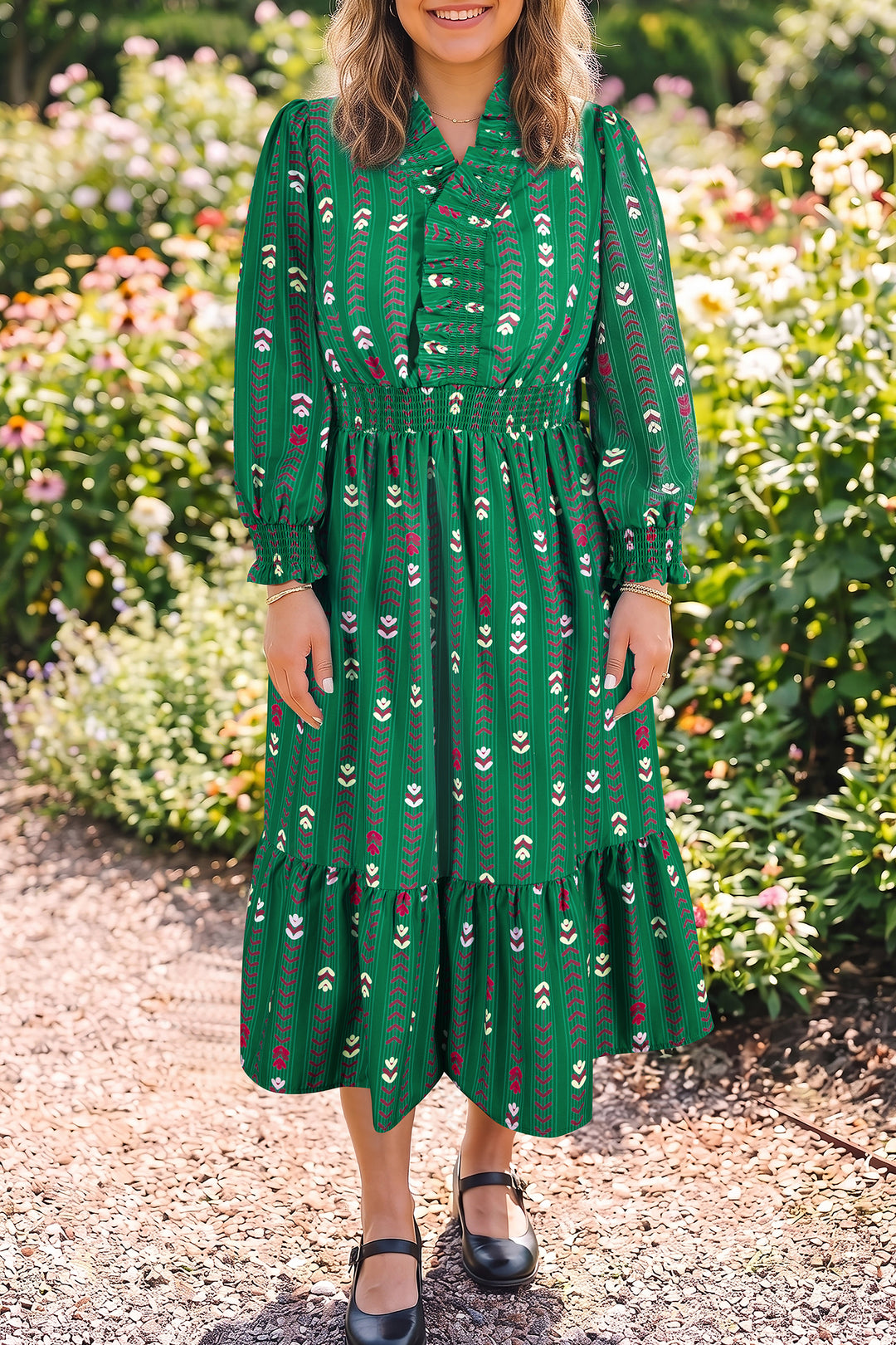 Green Floral Print Long Sleeve Shift Plus Size Dress