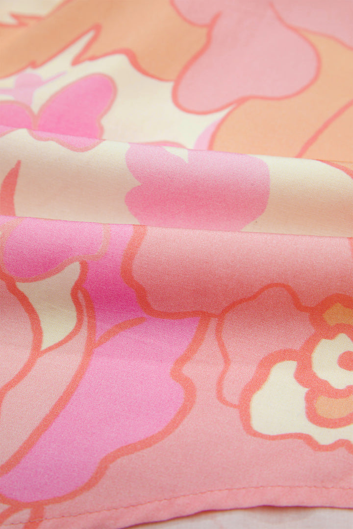 Pink Floral Print Button Down Pintuck Short Sleeve Shirt