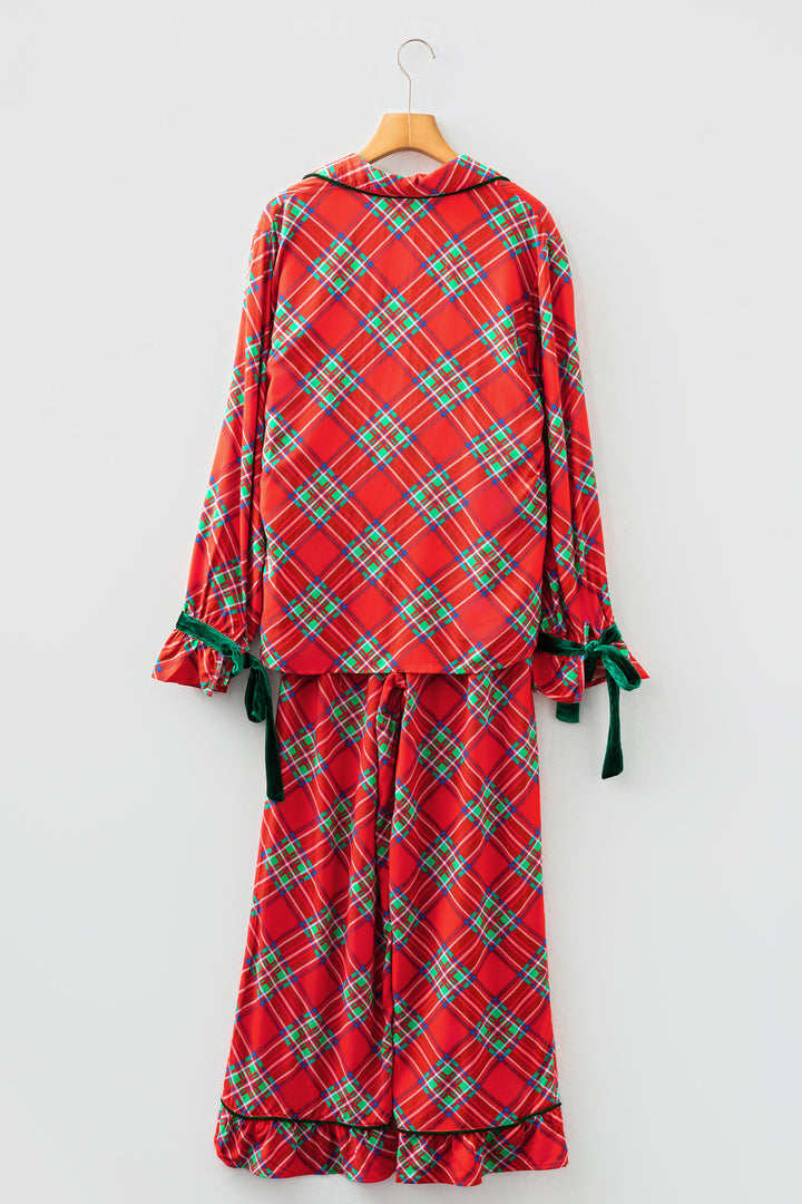 Fiery Red Christmas Plaid Satin Pajama Set with Contrast Velvet Ties