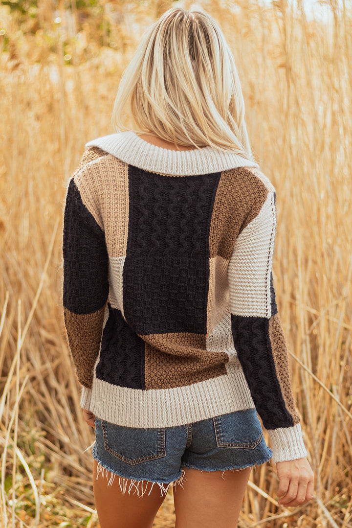 Color Block Cable Knit Sleeve Buttons Collared Sweater