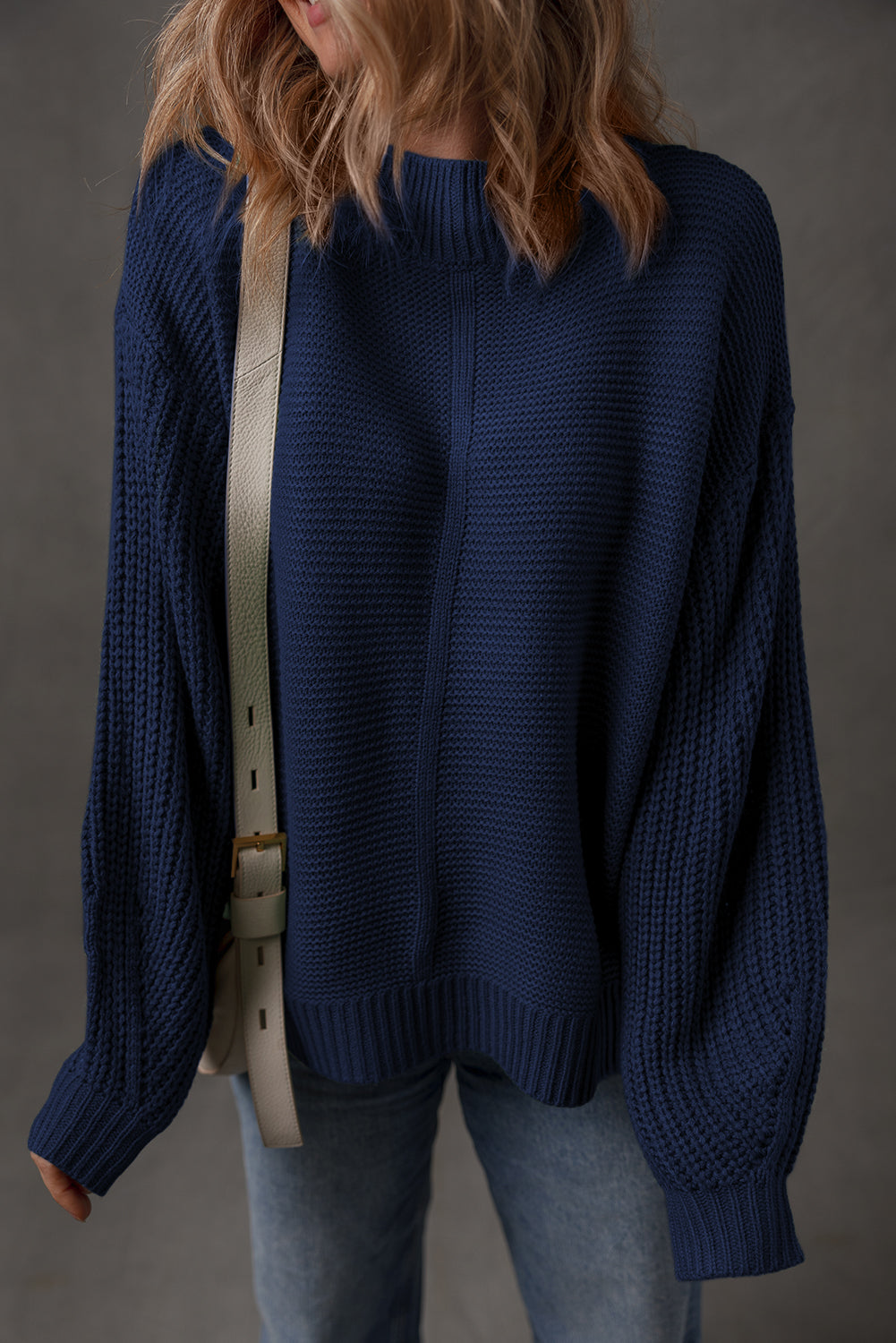 Solid Color Front Seam Drop Shoulder Loose Sweater