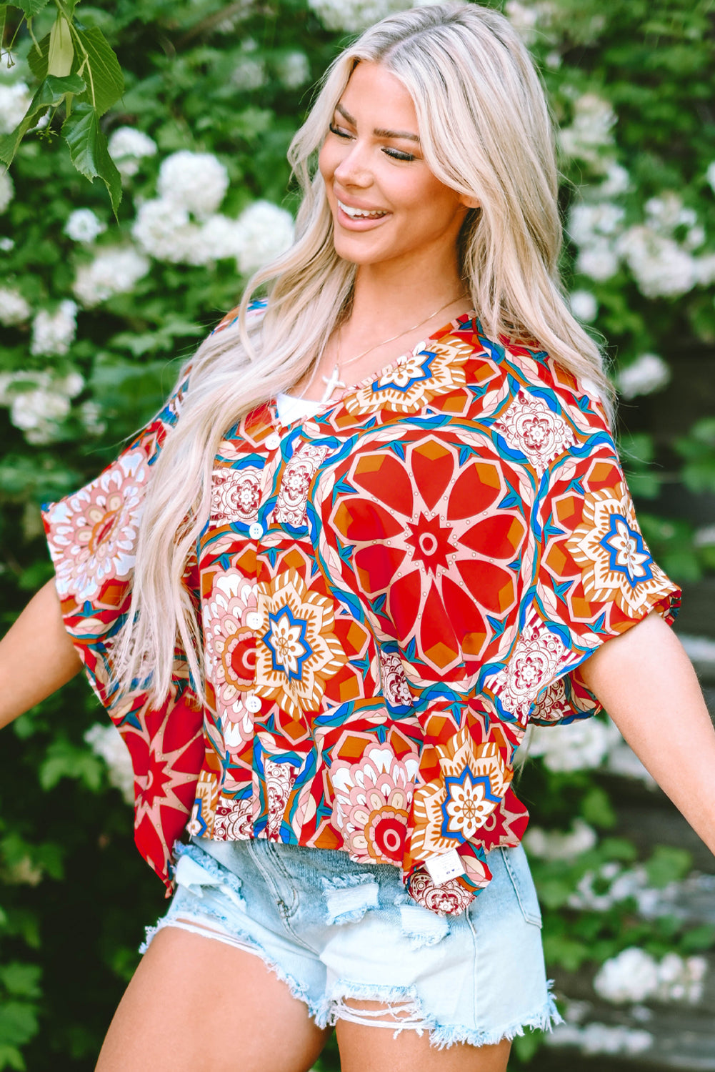 Floral Print Batwing Sleeve V Neck Blouse