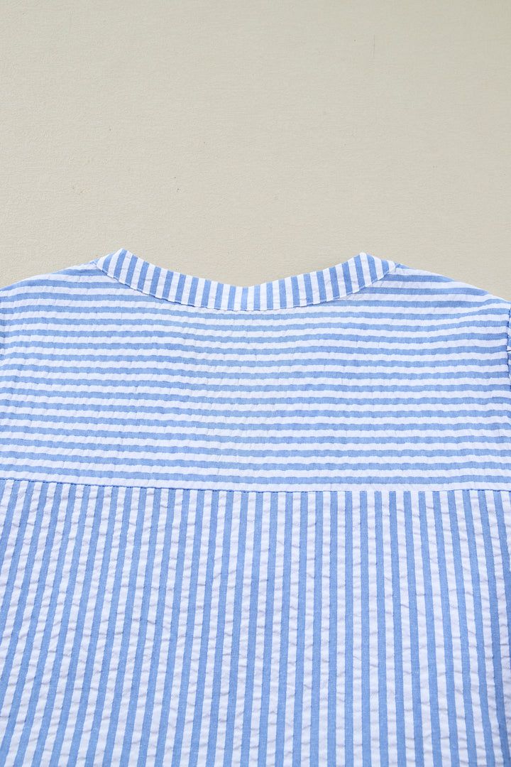 Sky Blue Stripe Seersucker Textured Notched Neck Long Puff Sleeve Tiered Curvy Dress