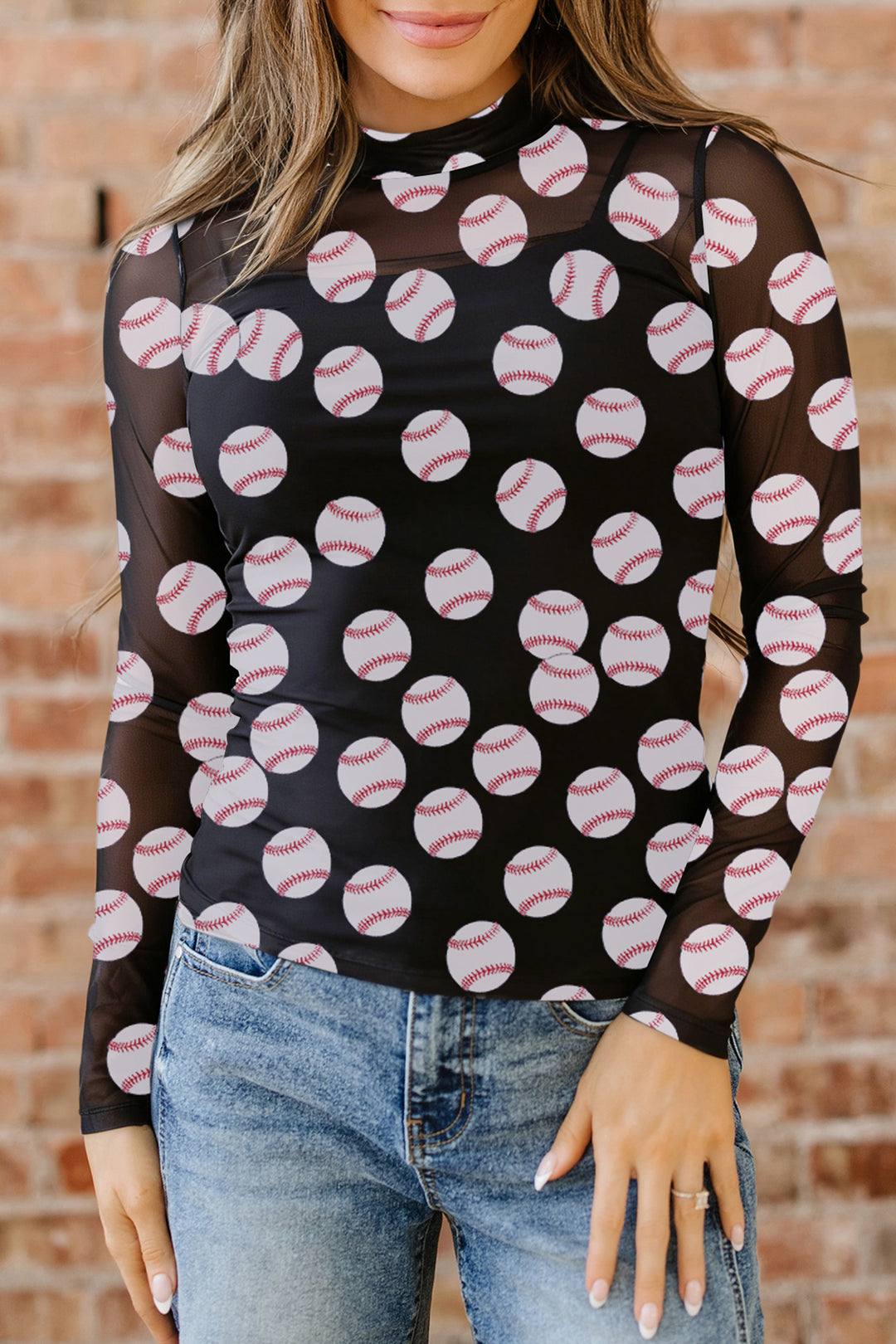Black Baseball Game Day Sheer Mesh Long Sleeve Top