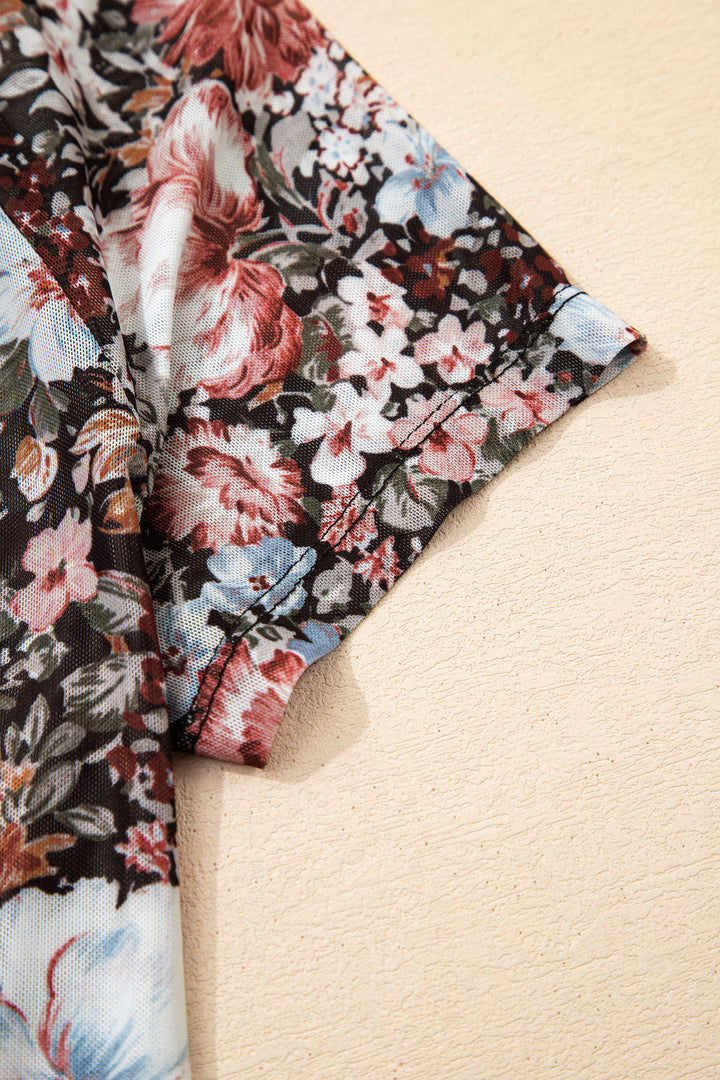 Floral Print High Neck Short Sleeve Mesh Top