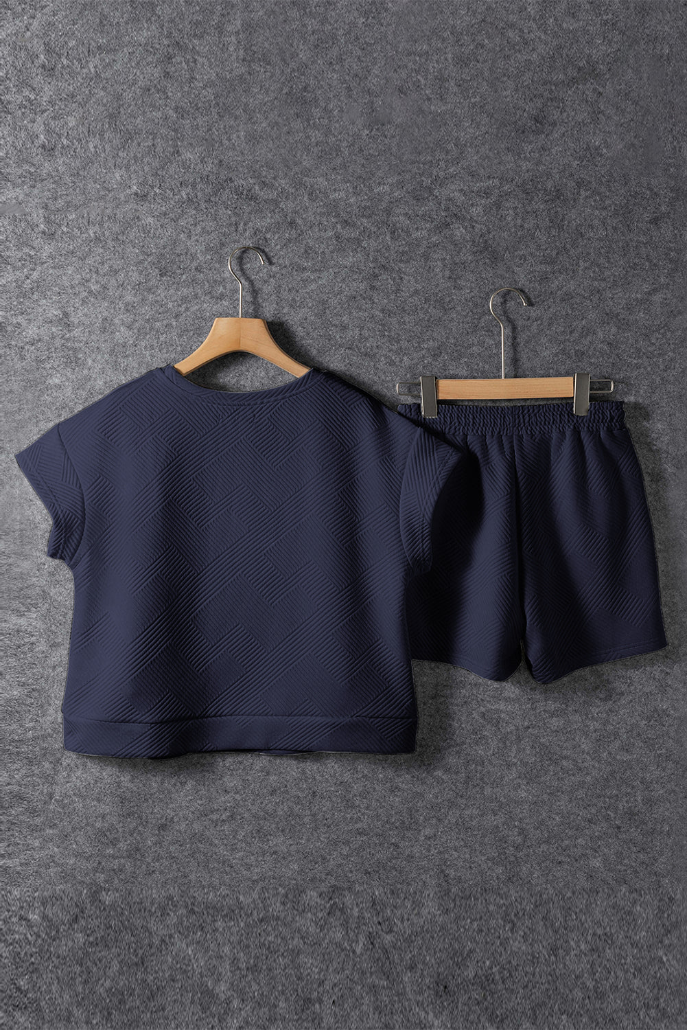 Navy Blue Textured Short Sleeve Top and Shorts Set