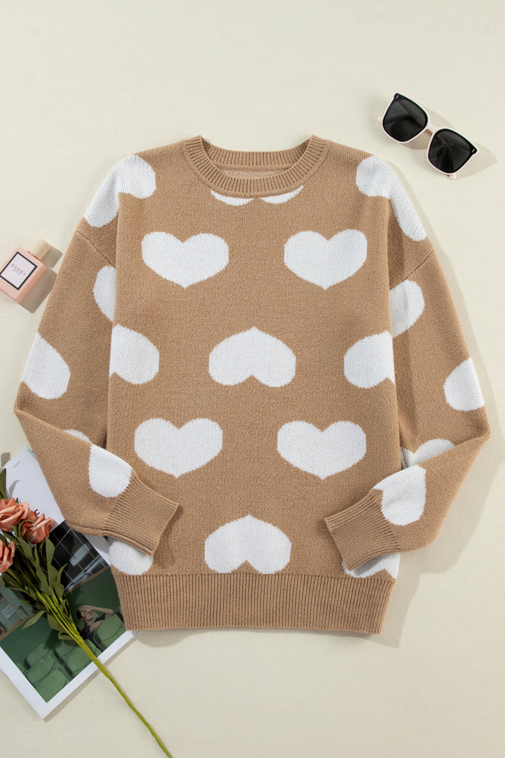 Contrast Heart Pattern Round Neck Sweater