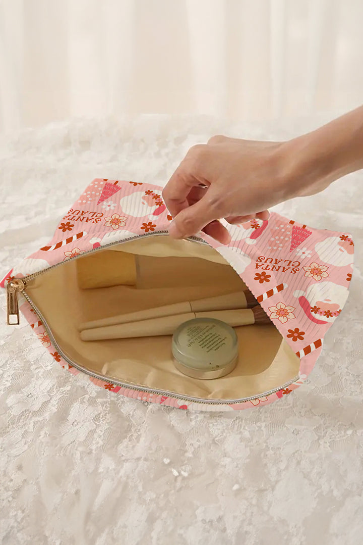 Christmas Fashion Print Corduroy Zip Up Cosmetic Bag