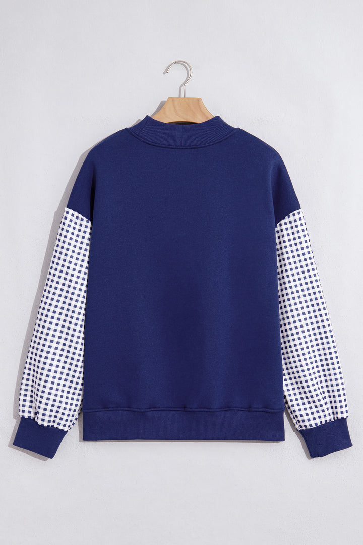 Dirty blue Plaid Sleeve Colorblock Loose Tunic Sweatshirt