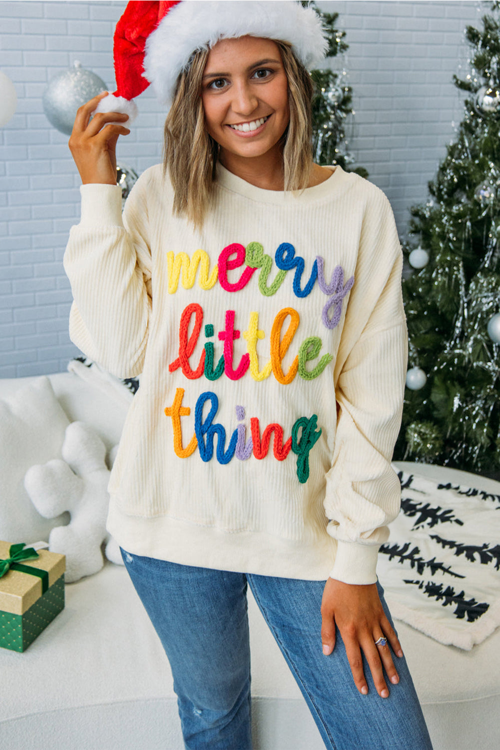 merry little thing Corded Letter Graphic Ribbed Loose Sweatshirt