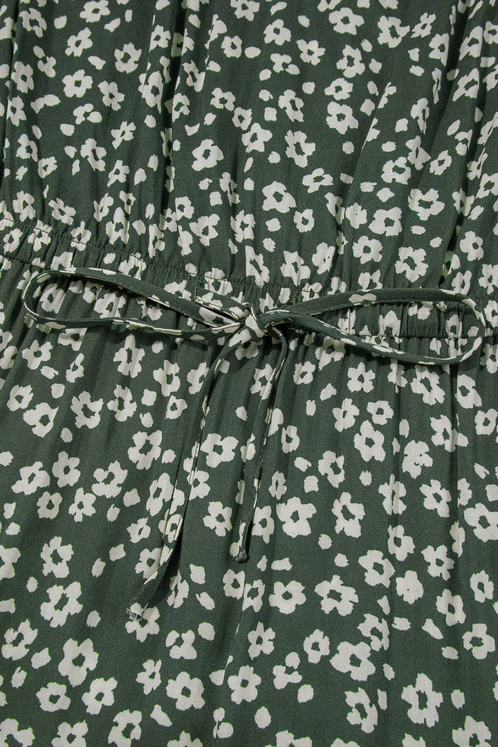 Green Boho Floral Print V Neck Tunic Sleeveless Dress
