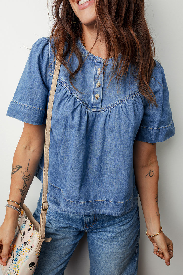 Seam Pleated Detail Half Button Short Sleeve Denim Top
