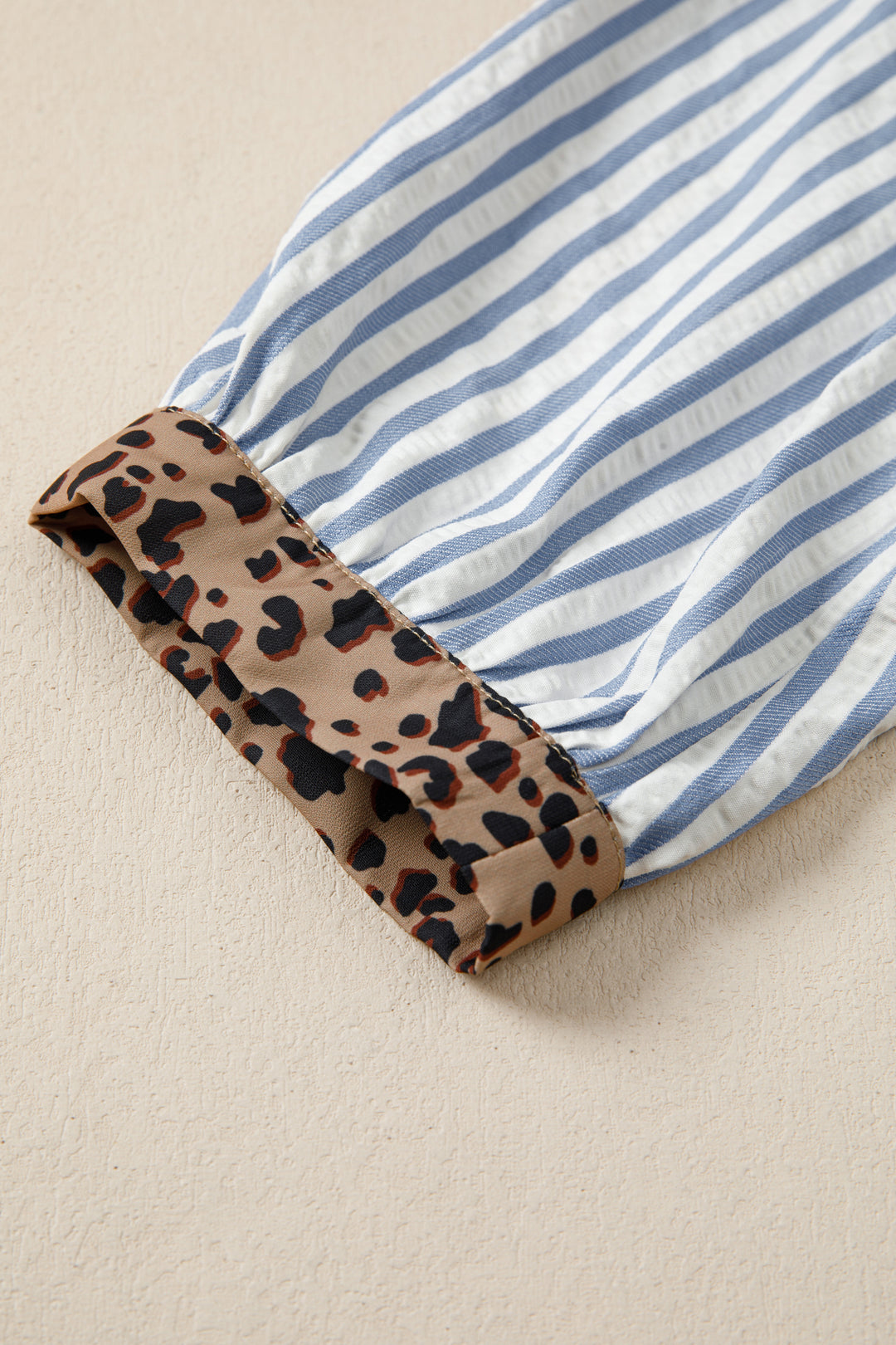 Leopard Trim V Neck Button Down Half Sleeve Shirt
