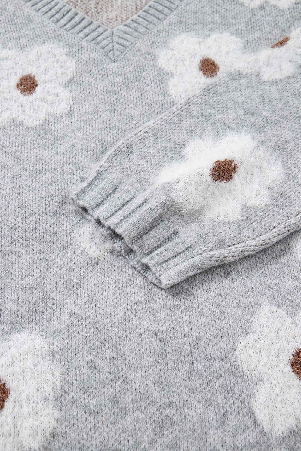 Cute Flower Print V Neck Drop Shoulder Baggy Sweater