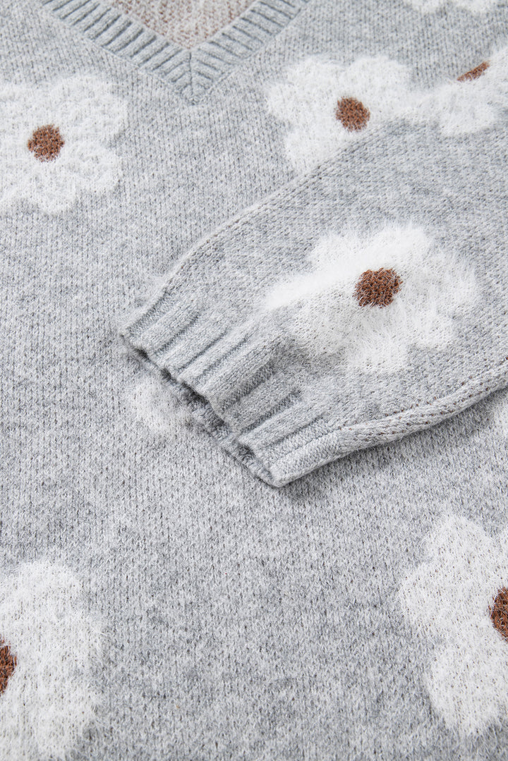 Cute Flower Print V Neck Drop Shoulder Baggy Sweater