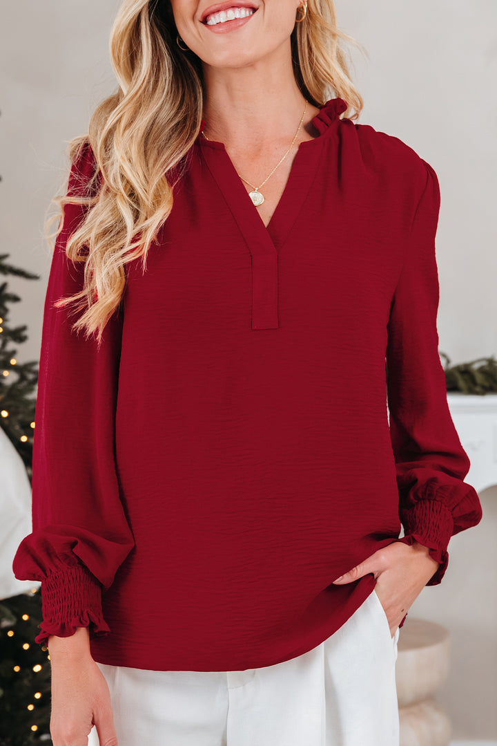 Notched Neck Shirred Cuff Long Sleeve Blouse