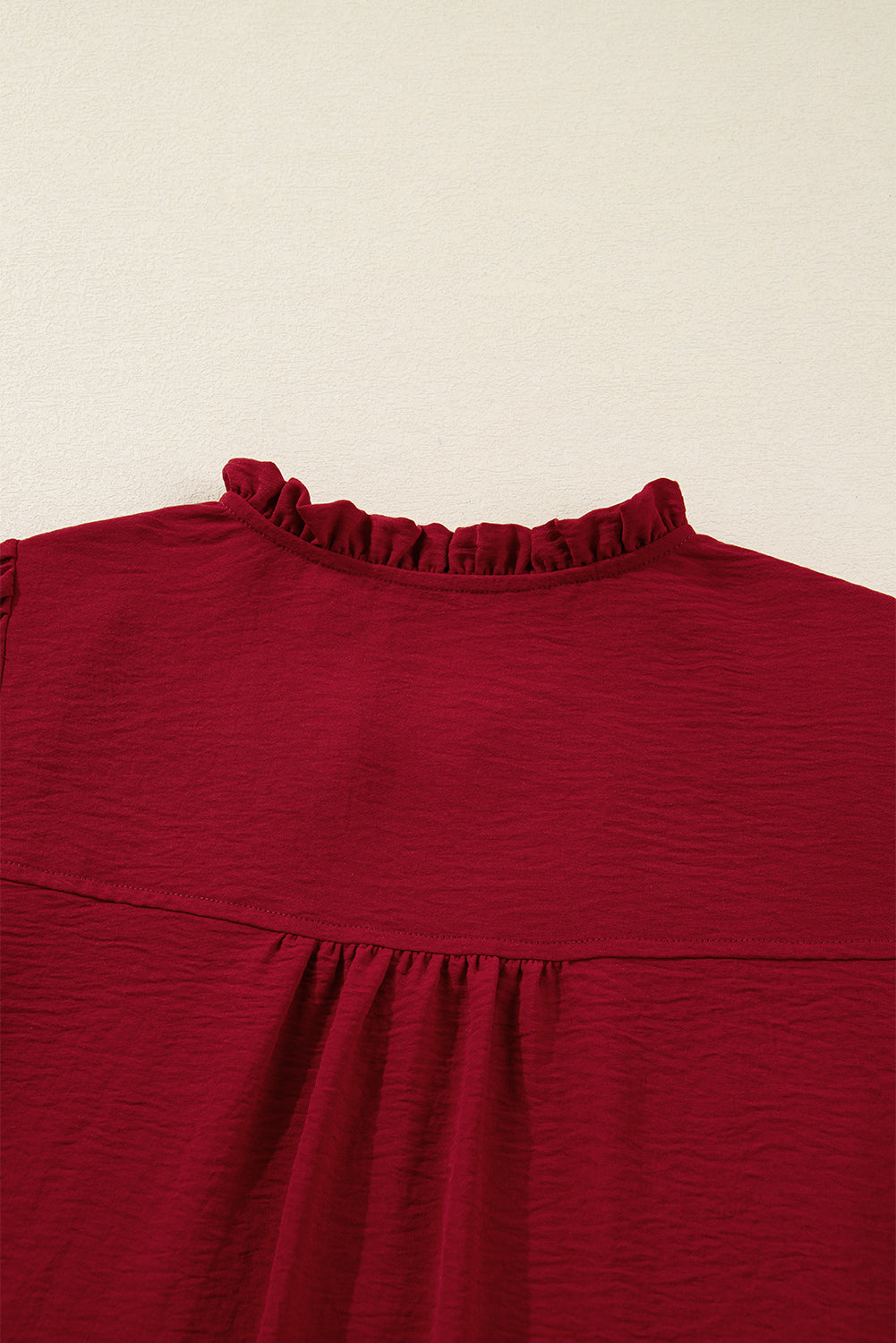 Notched Neck Shirred Cuff Long Sleeve Blouse