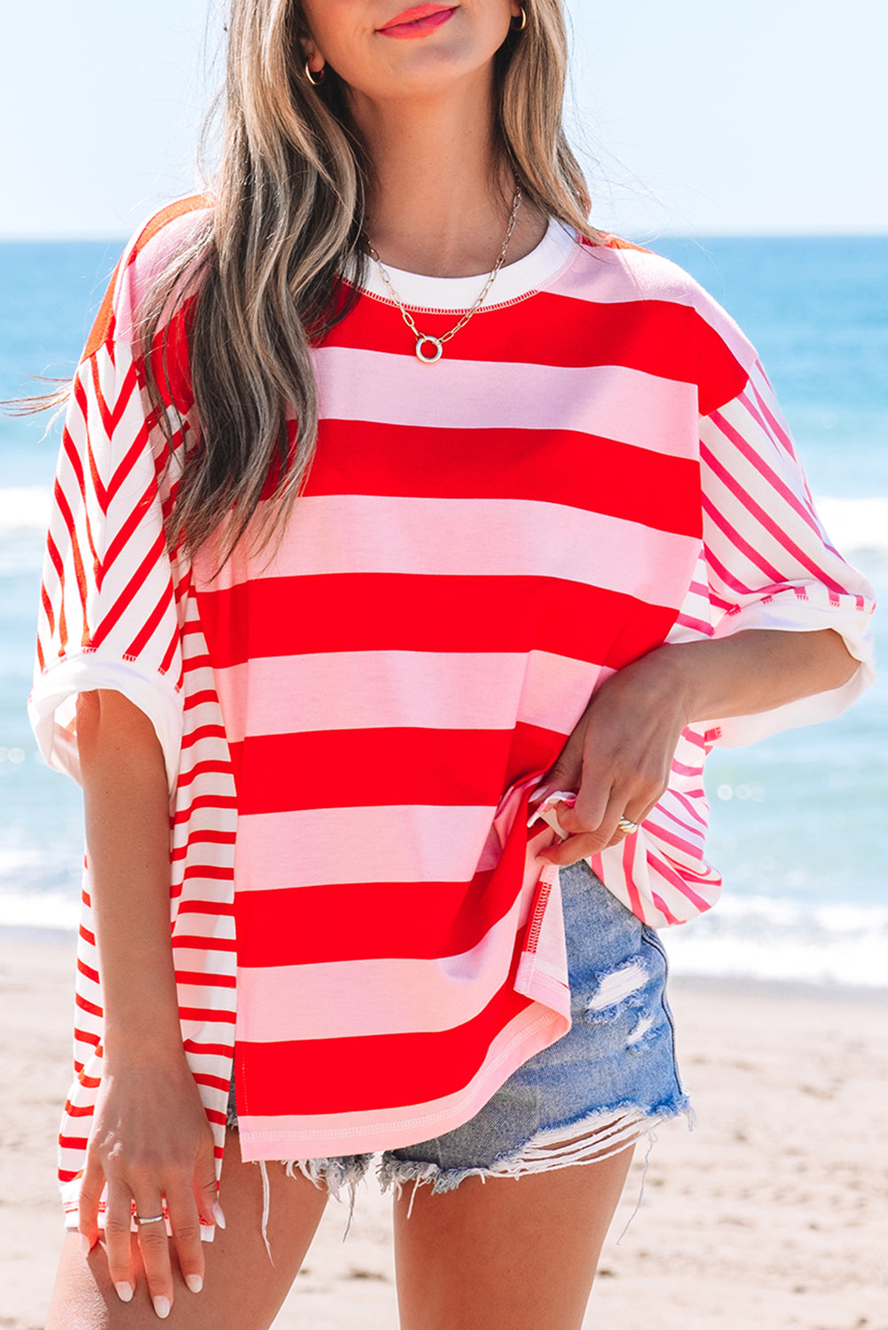 Patchwork Round Neck Side Split Loose T Shirt