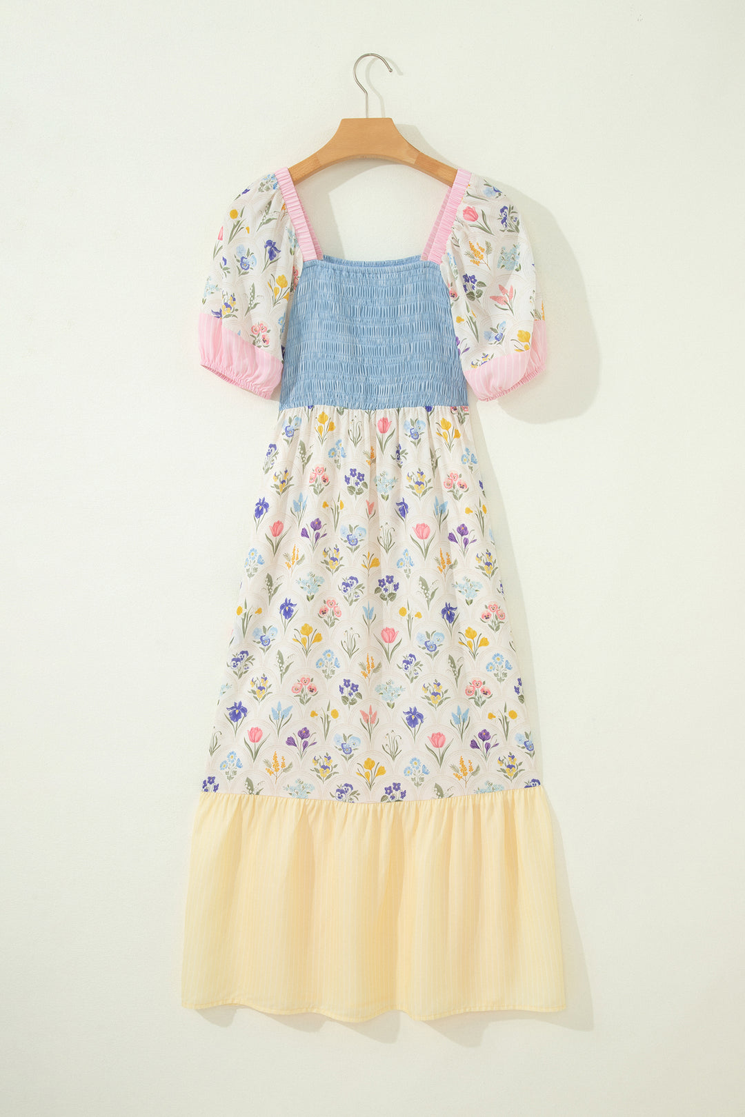 Multicolour Floral Print Striped Color Block Patchwork Square Neck Shirred Long Dress