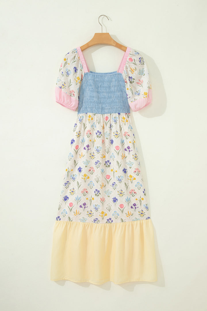 Multicolour Floral Print Striped Color Block Patchwork Square Neck Shirred Long Dress