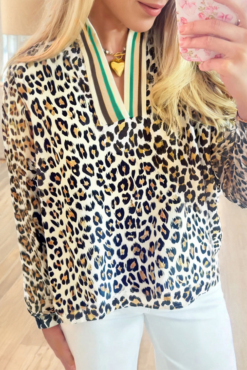Leopard Print Contrast Striped V Neck Blouse