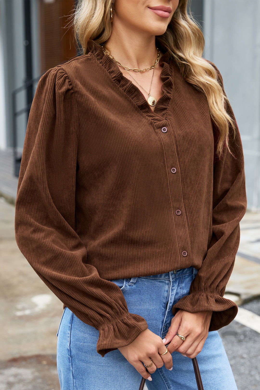 Coffee Solid Color Long Sleeve Button Corduroy Shakcet