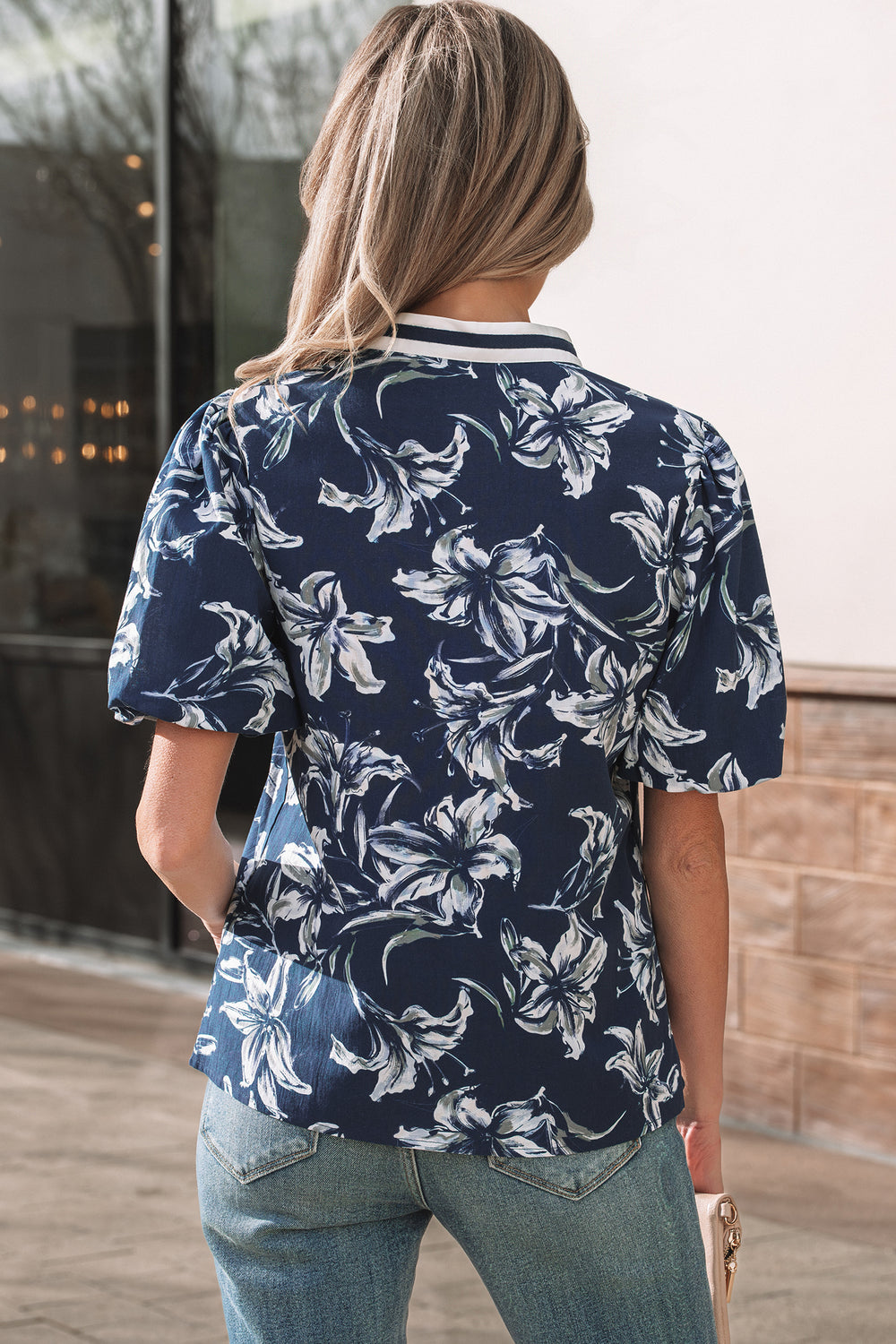 Floral Print Short Puff Sleeve Striped Trim V Neck Blouse