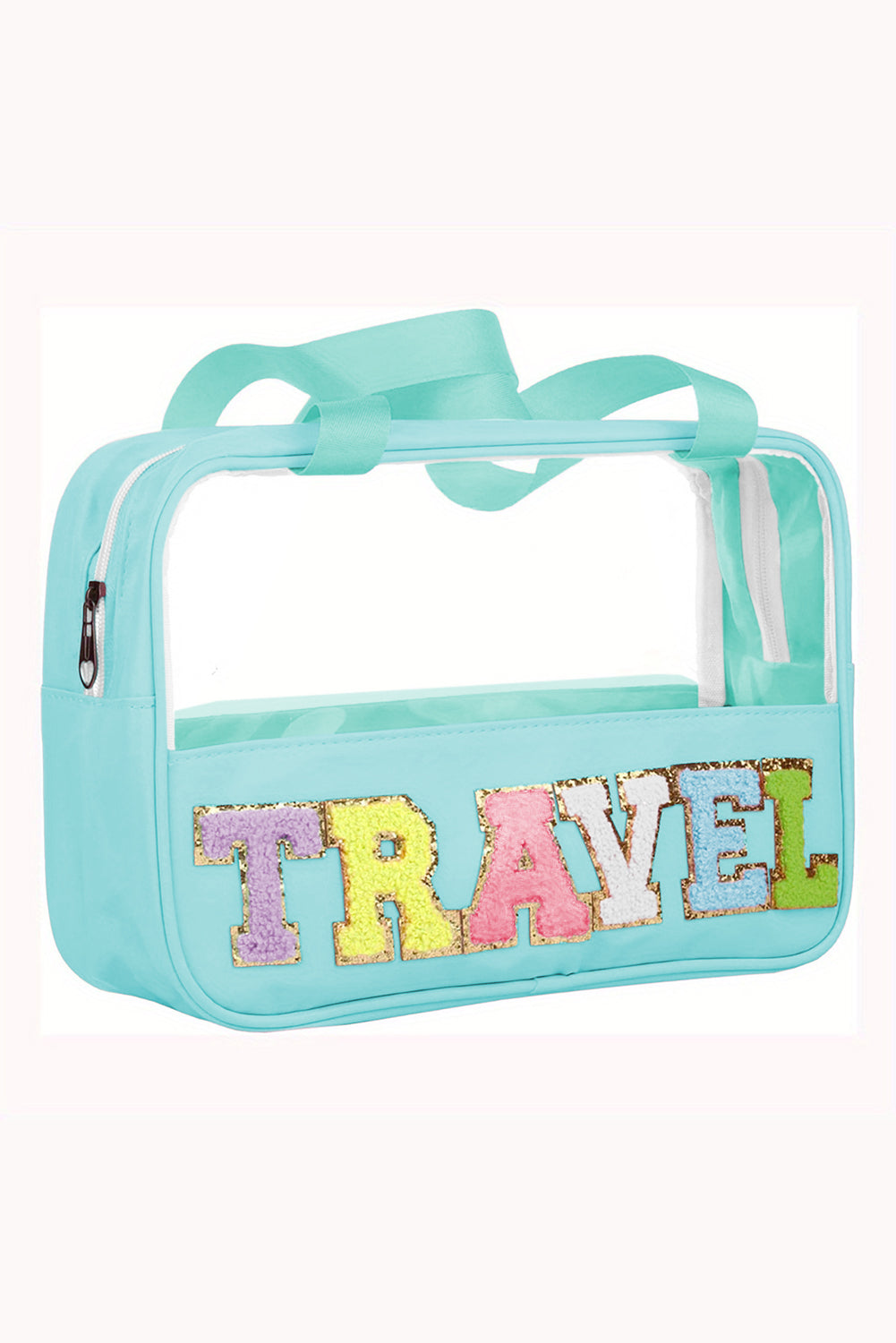Trousse de maquillage TRAVEL en PVC transparent avec lettres en chenille