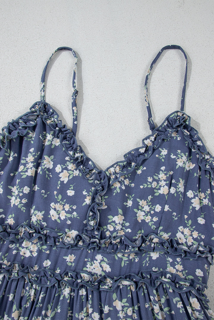 Floral Spaghetti Strap Frilled V Neck Tiered Midi Dress