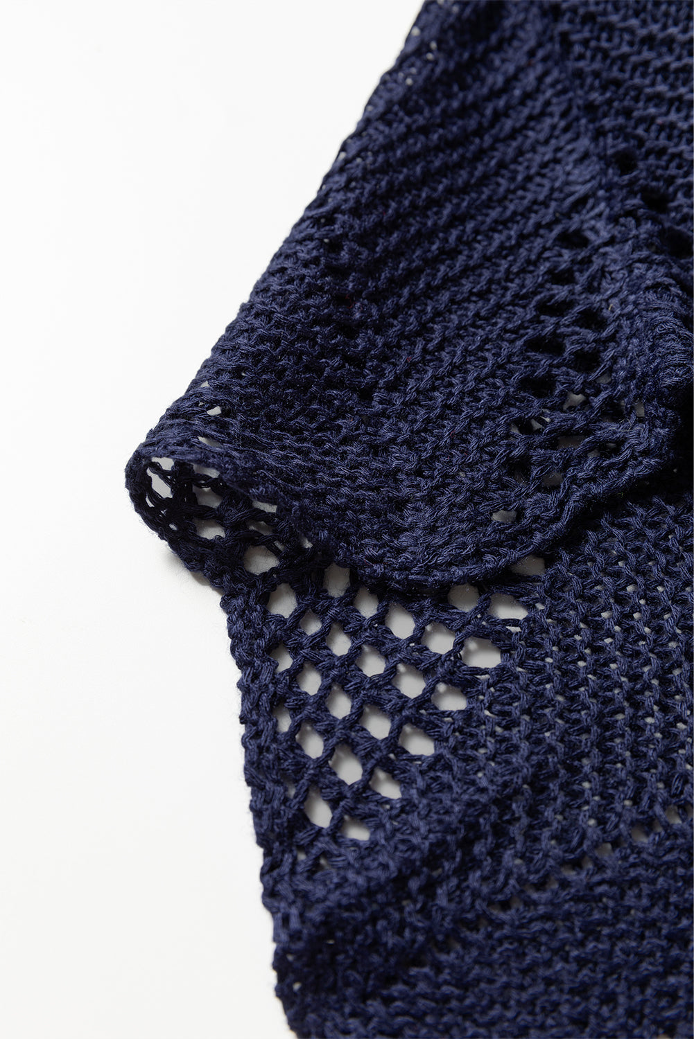 Navy Blue Hollow Out Knit 7/8 Sleeve Casual Sweater