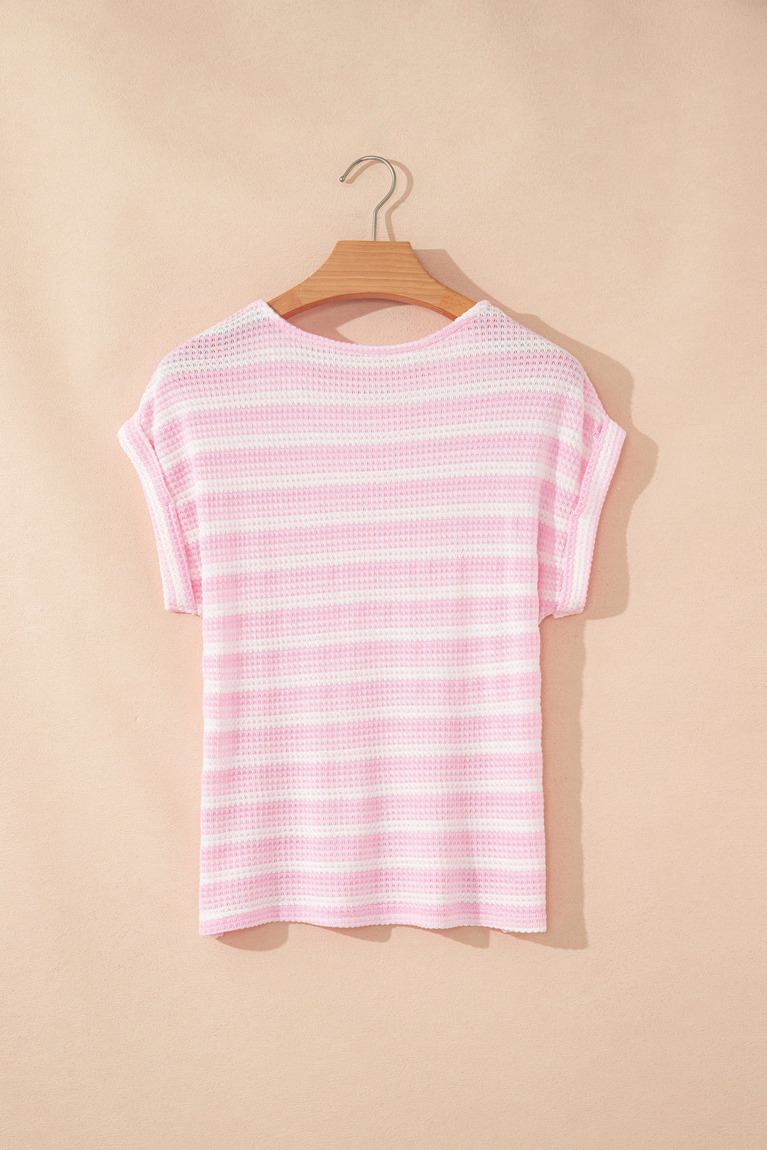 Summer Pink Striped Print Waffle Knit T Shirt