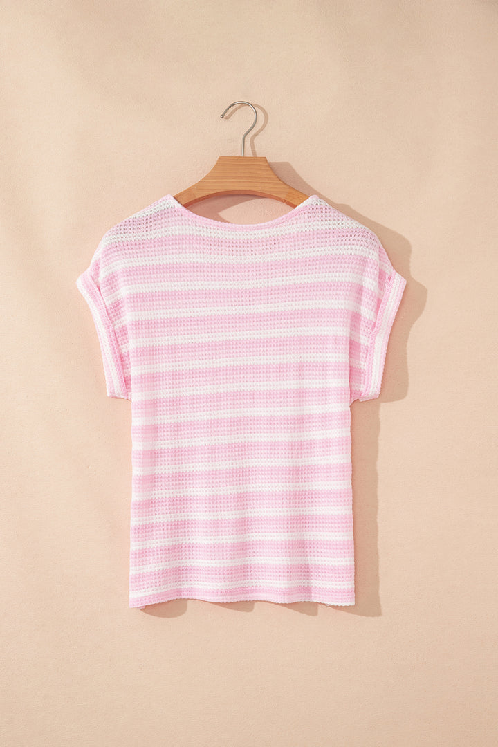 Summer Pink Striped Print Waffle Knit T Shirt