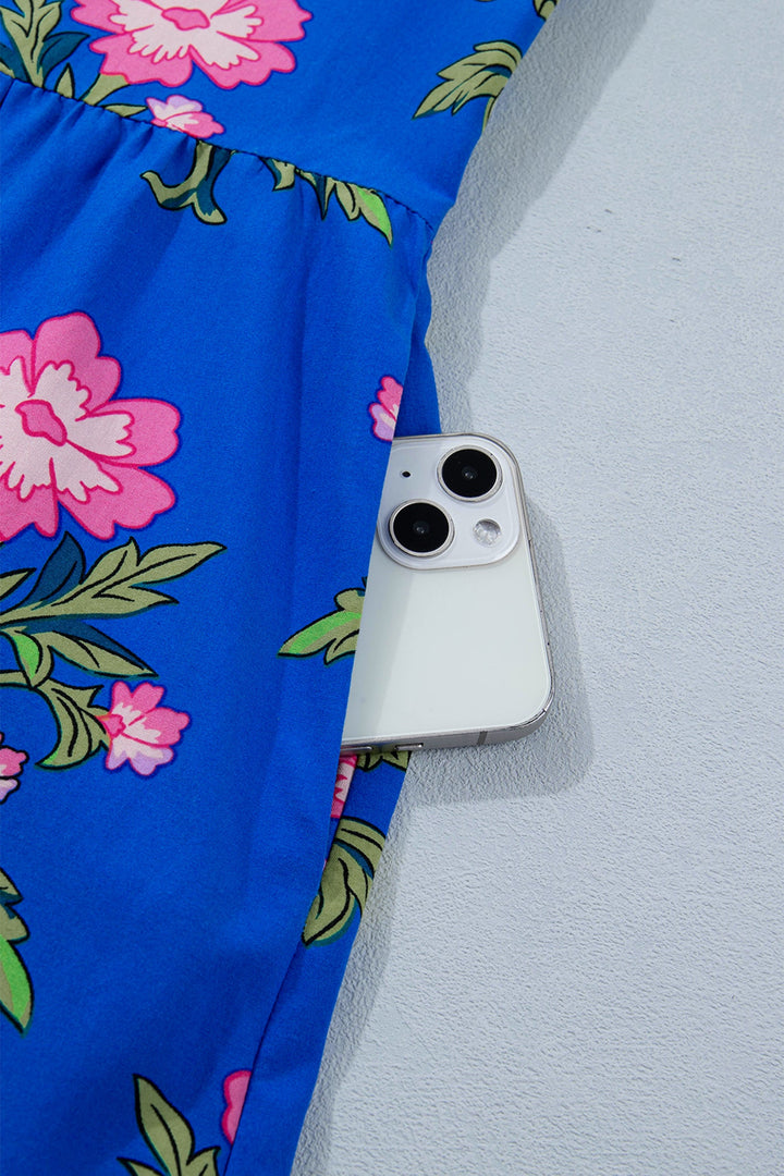 Blue V Neck Short Sleeve Loose Flower Dress