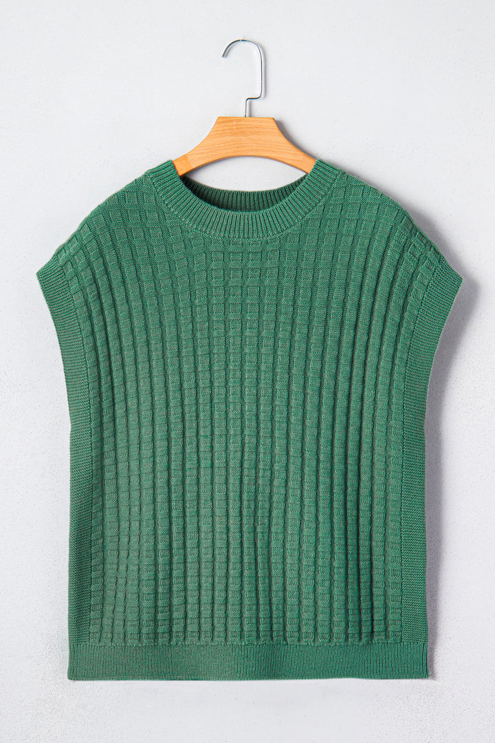 Solid Color Round Neck Textured Short Sleeve Sweater