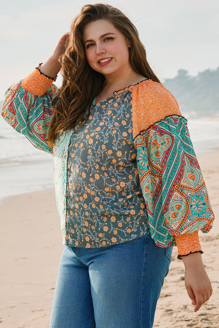 Floral Patchwork Lantern Sleeve Buttoned V Neck Plus Size Blouse